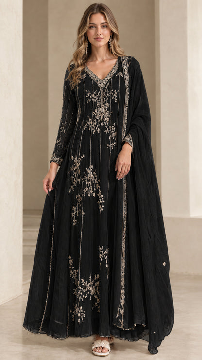 Model wearing black embroidered V-neck maxi gown with matching dupatta scarf