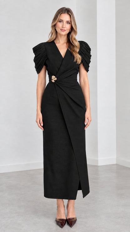 Front view of woman wearing Black pleated cap sleeve formal maxi dress