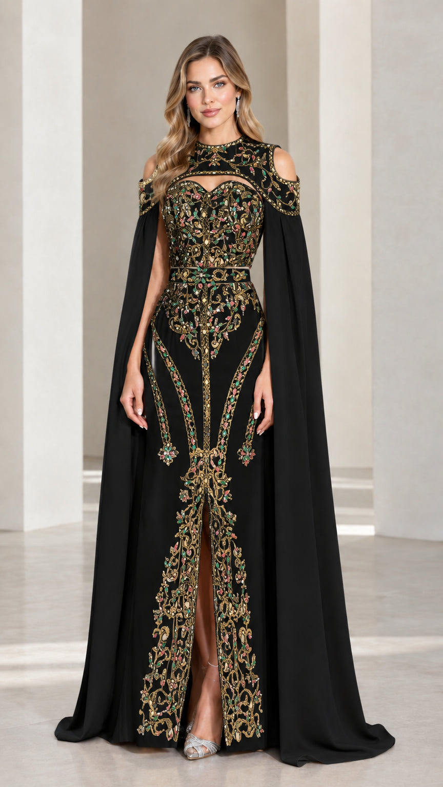 Black and gold embellished cape evening gown front view