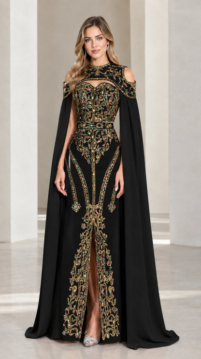 Black and gold embellished cape evening gown front view