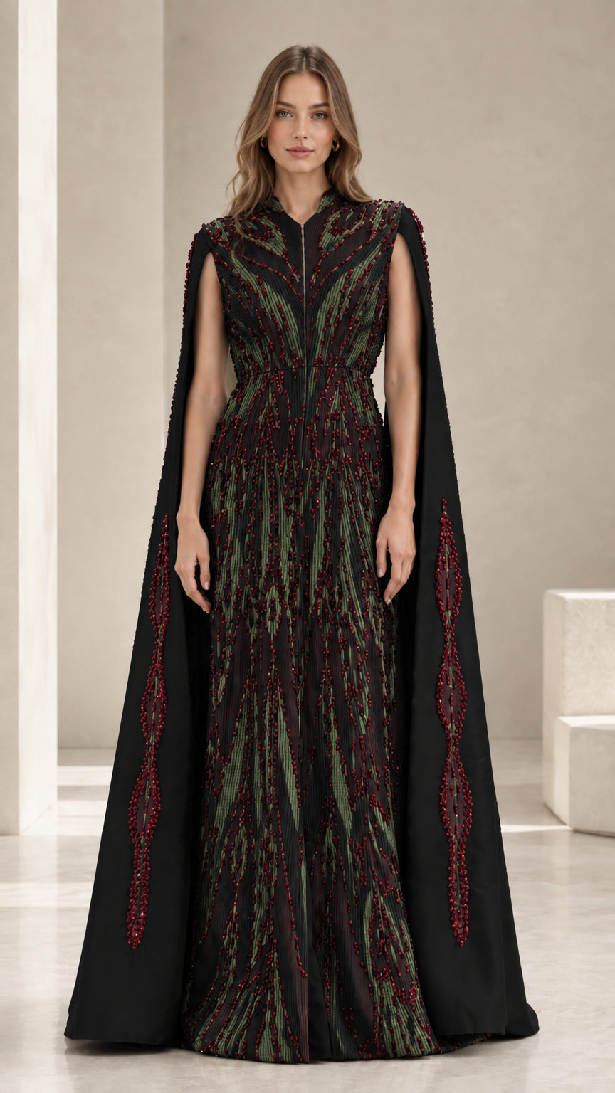 Black cape sleeve beaded formal evening gown