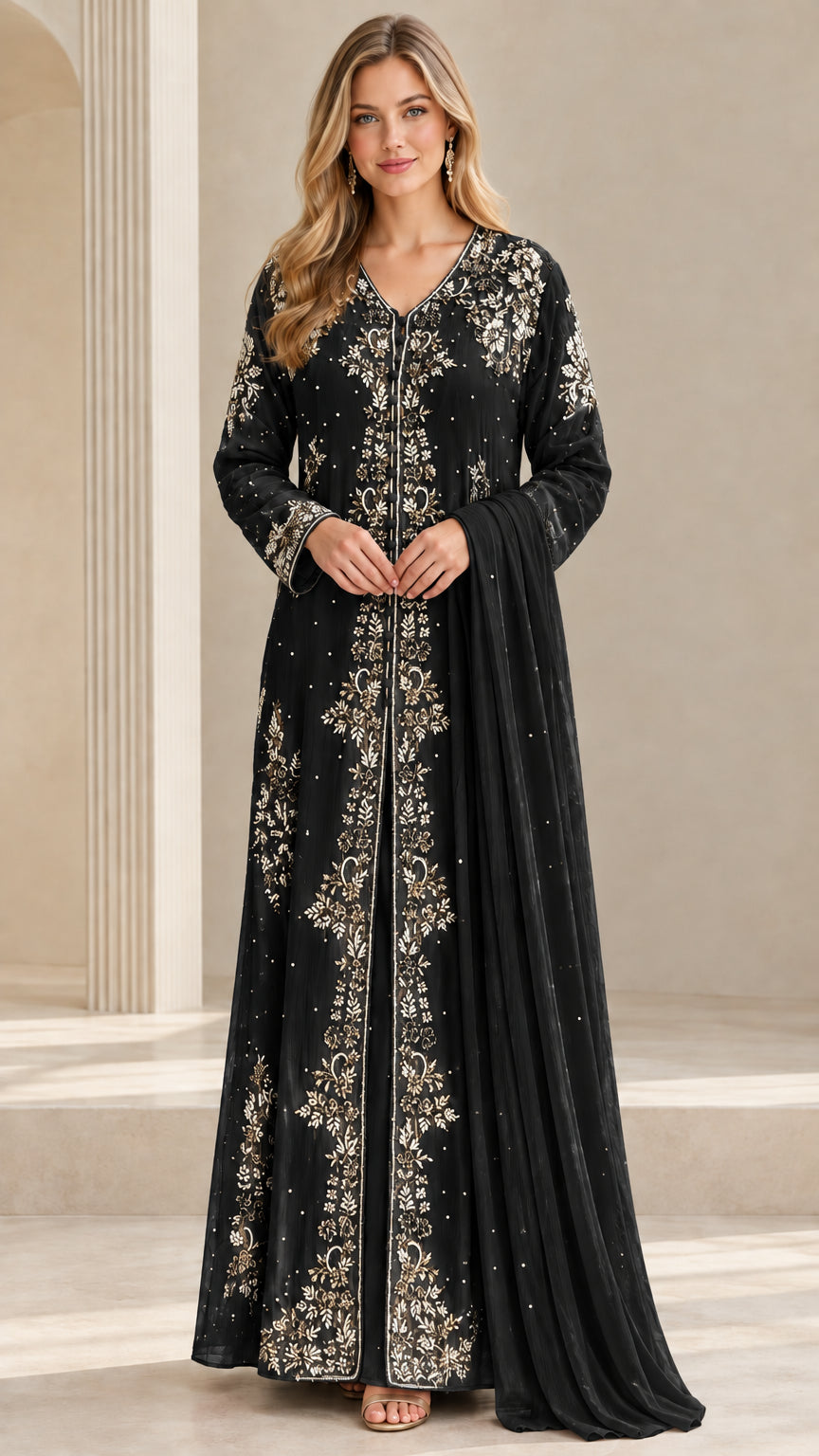 Full front view of black embroidered maxi evening gown with drape