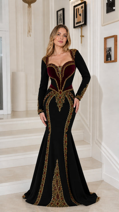 Black long sleeve embroidered mermaid evening gown