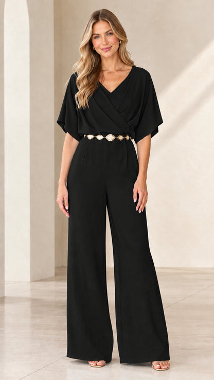 Black wrap V-neck wide-leg jumpsuit with gold belt accent