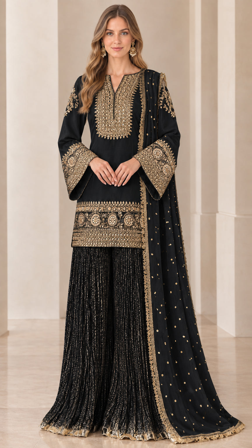 Black gold-embroidered kurti top and pleated sharara set with matching dupatta