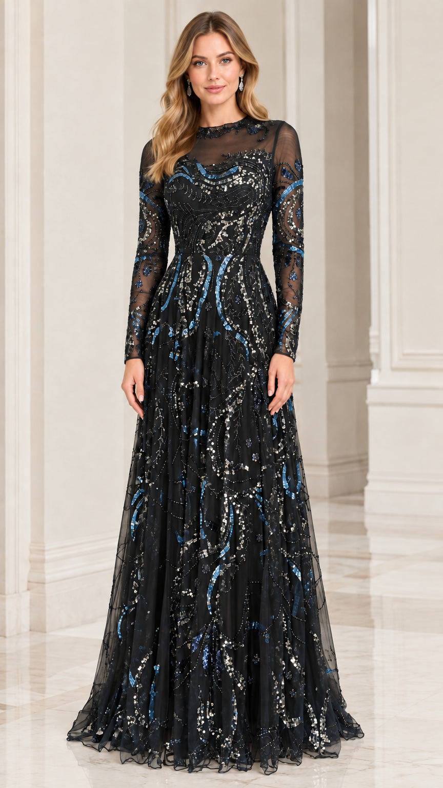 Black long sleeve sequin embellished formal evening gown front view