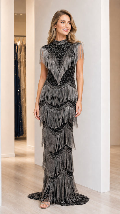 Model wearing black beaded fringe high neck formal evening gown