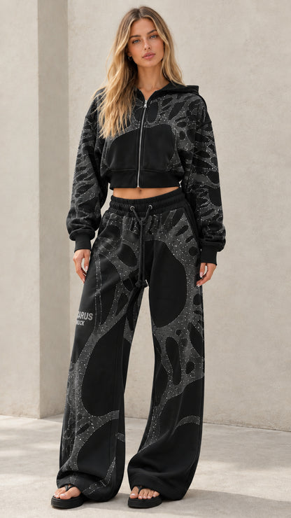 Black rhinestone embellished cropped zip hoodie and wide leg sweatpants set
