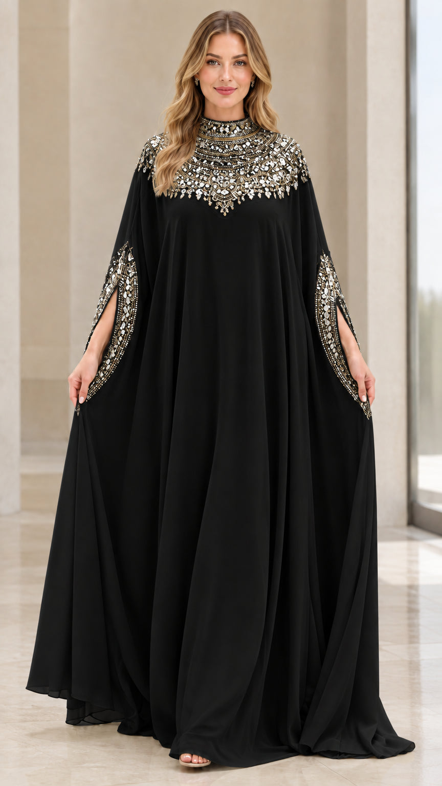 Model wearing black high neck beaded cape evening kaftan gown