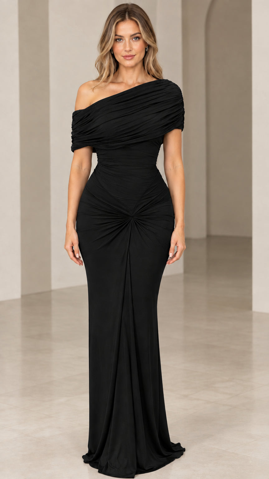 Front view of model wearing black one-shoulder ruched maxi formal dress