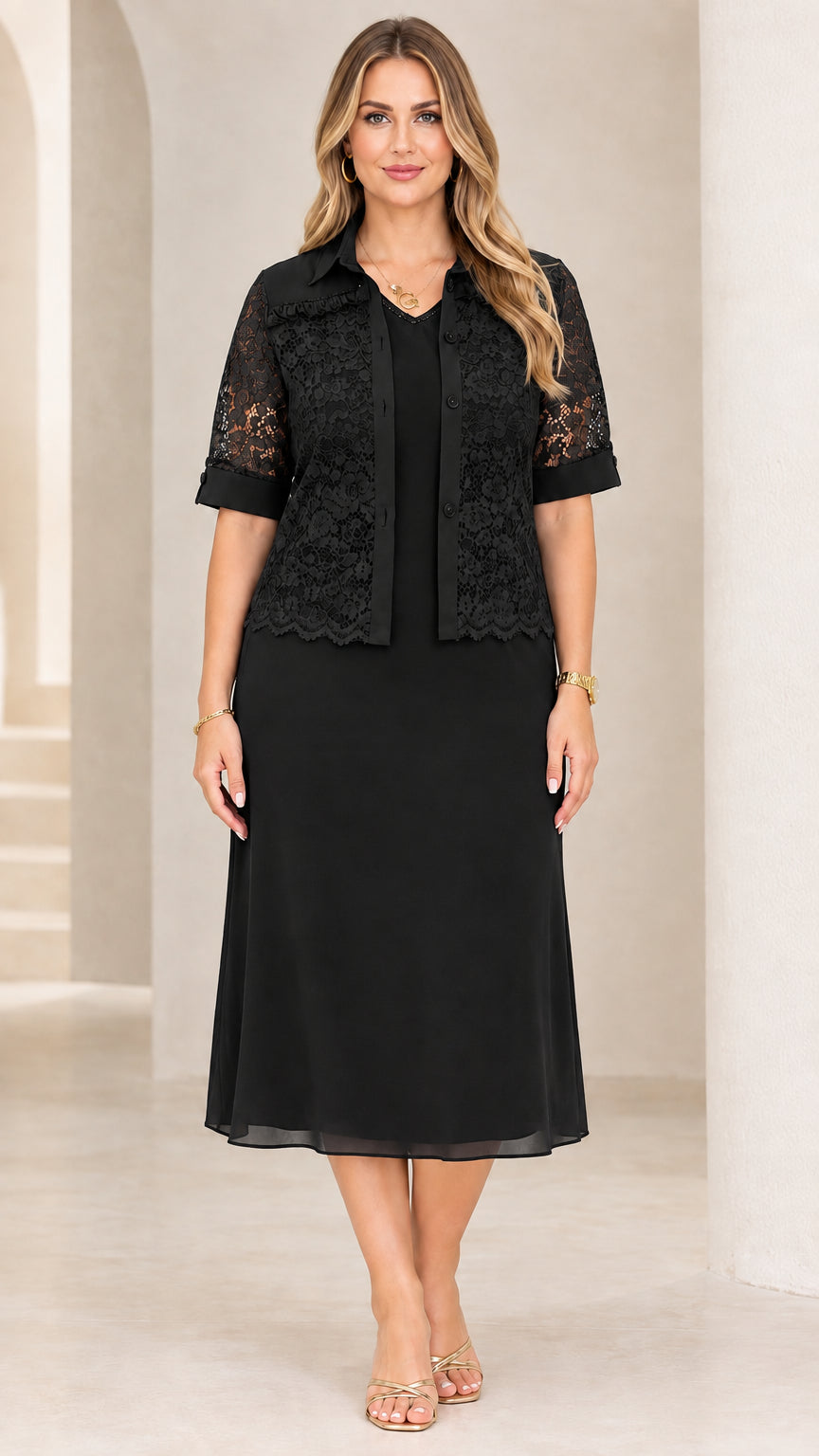 Black two-piece formal midi dress with floral lace jacket