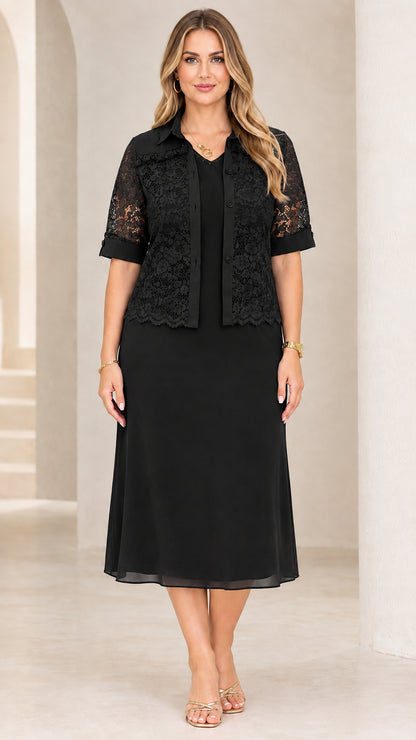 Black two-piece formal midi dress with floral lace jacket