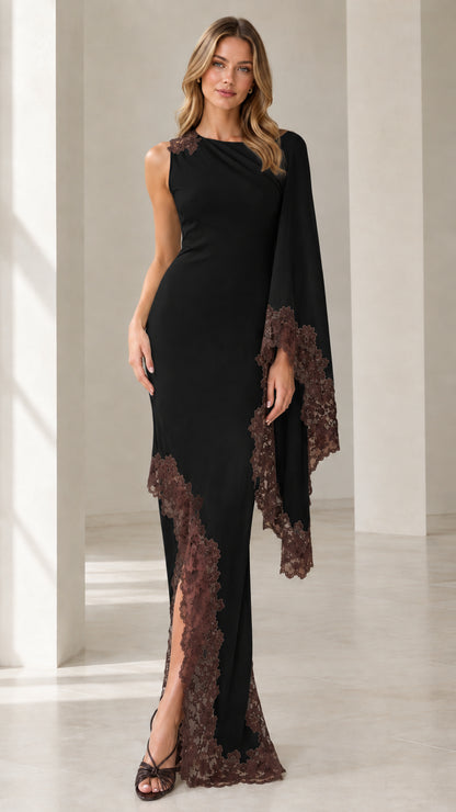Front view of black asymmetric cape sleeve formal dress with contrast brown lace trim