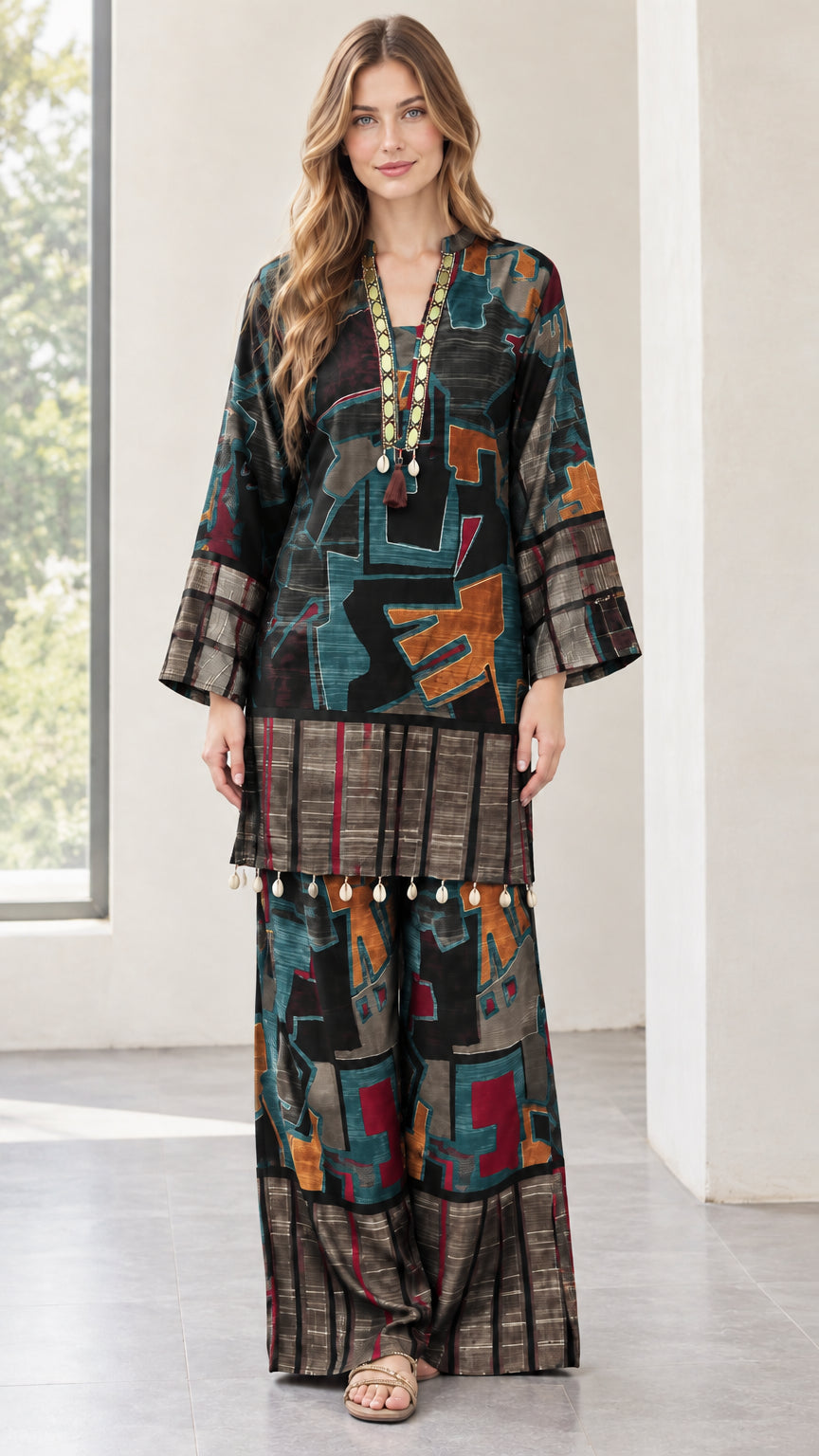 Front view of black abstract print tunic and wide-leg pants set