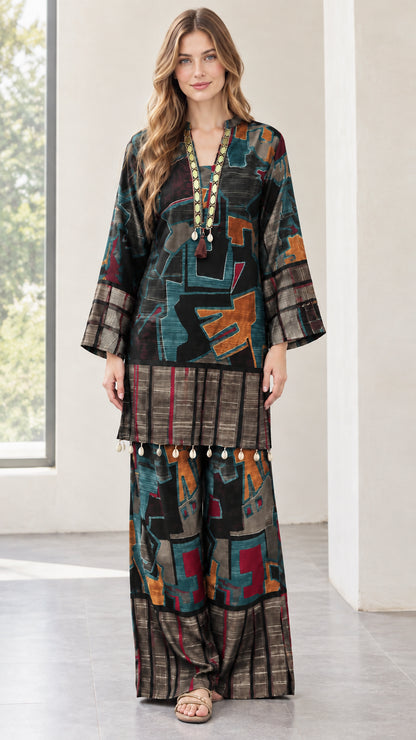 Front view of black abstract print tunic and wide-leg pants set
