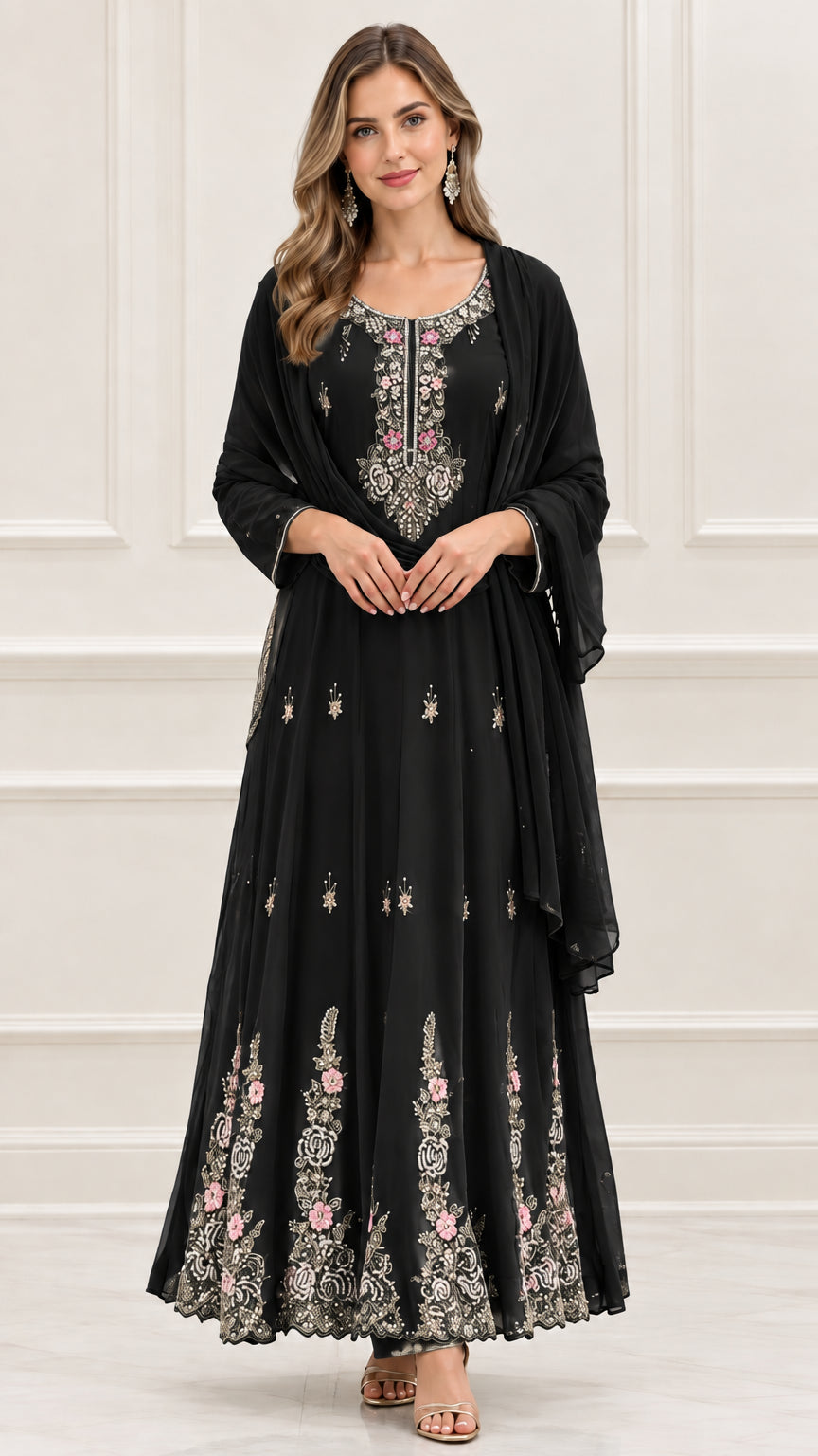 Front view of black embroidered evening maxi dress with scarf