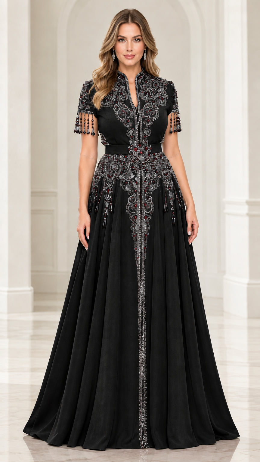 Black embroidered evening gown with beaded tassel short sleeves