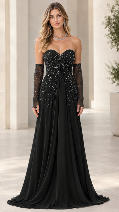 Model wearing Black strapless sweetheart beaded evening gown with matching black mesh gloves