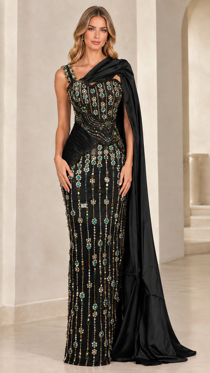 Black embellished one-shoulder evening gown with matching black satin cape