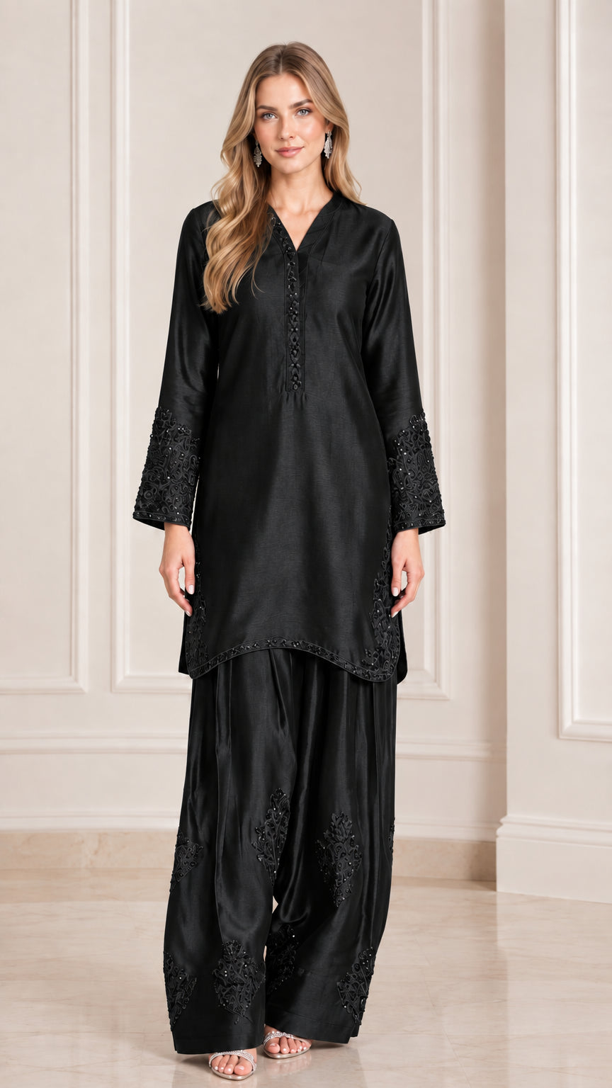 Black embroidered satin tunic and wide leg palazzo pant set