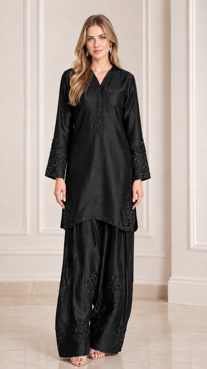 Black embroidered satin tunic and wide leg palazzo pant set