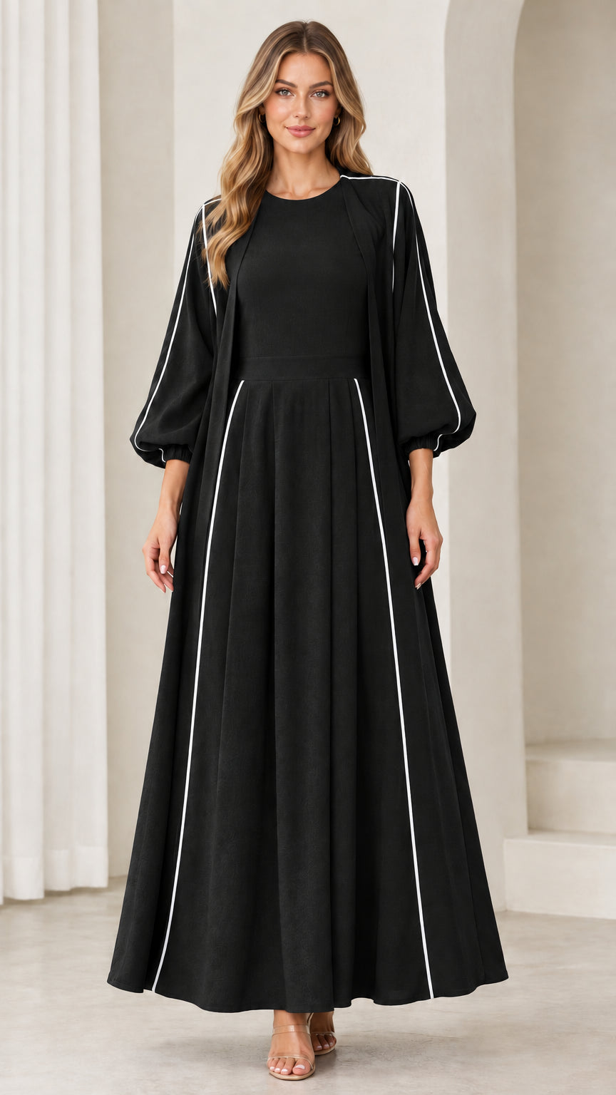 Full-length front view of Black lantern sleeve maxi dress with contrast white piping