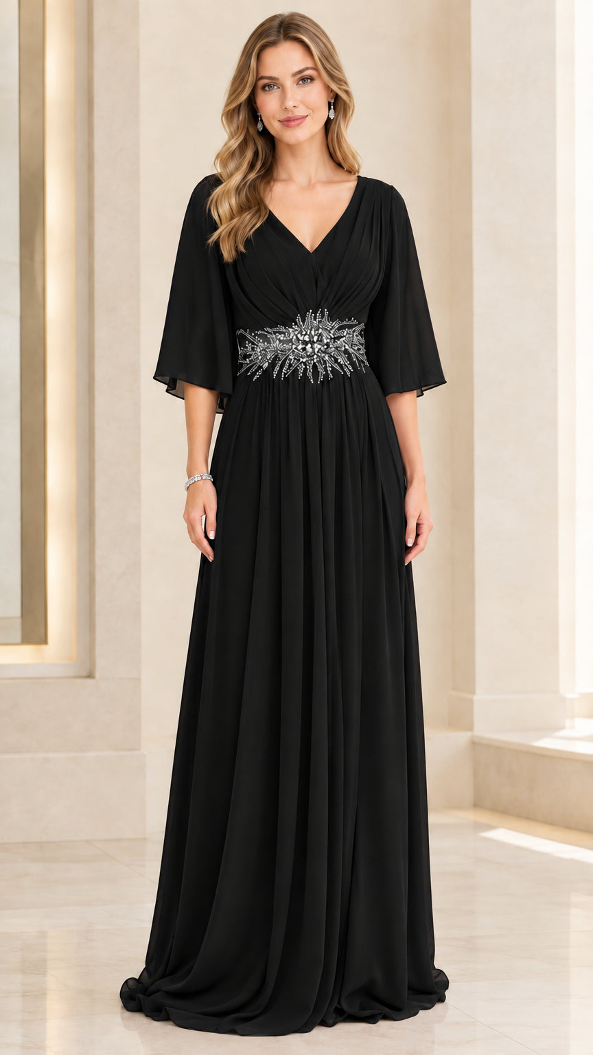 Woman wearing black V-neck flutter sleeve chiffon formal maxi gown