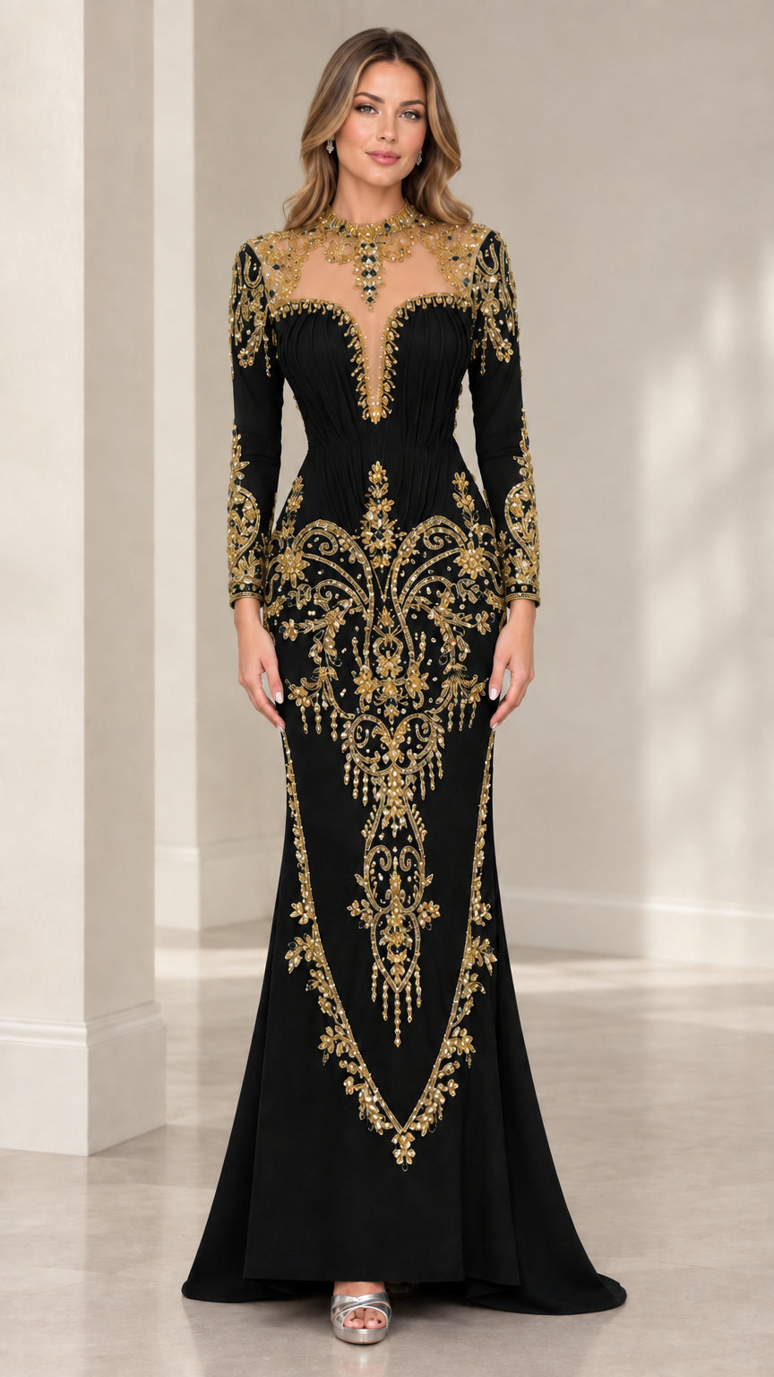 Black long sleeve formal evening gown with rich gold embroidered baroque pattern and sheer neckline