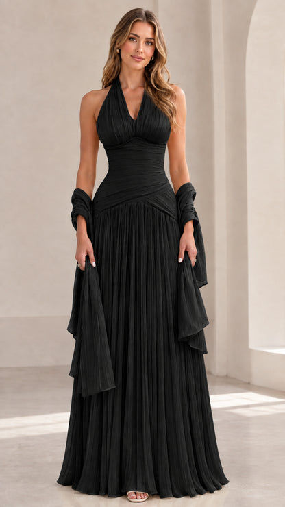 Full-length Black halter pleated formal evening gown with matching shawl