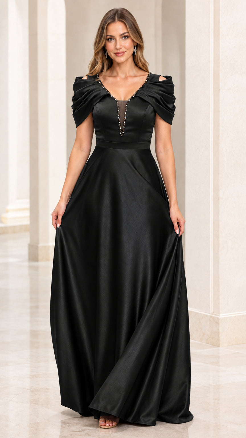 Front view of model wearing Black satin A-line formal gown