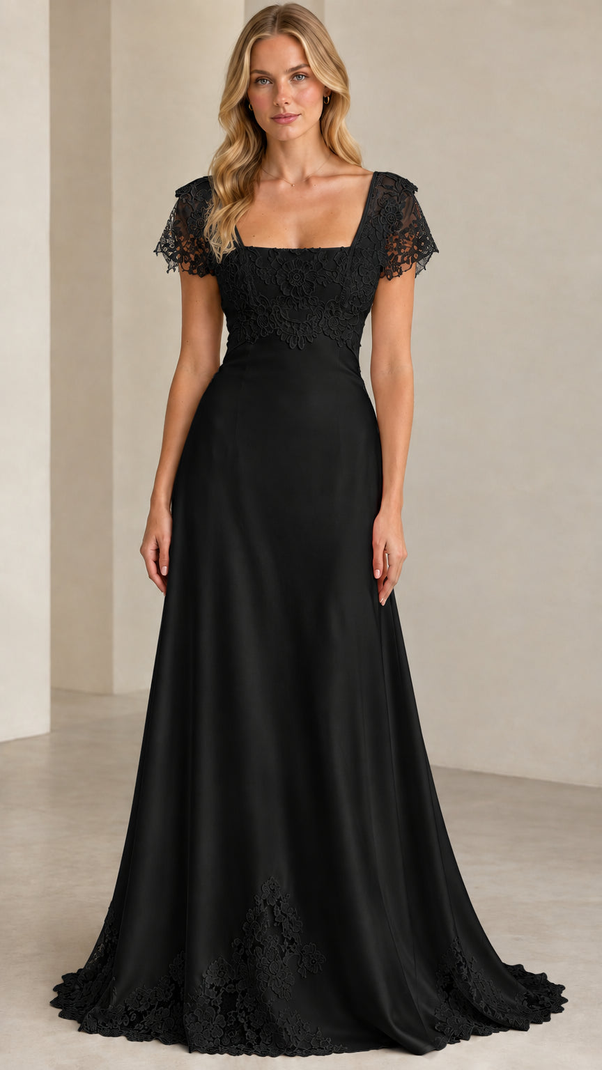 Full front view of black lace cap sleeve evening maxi dress