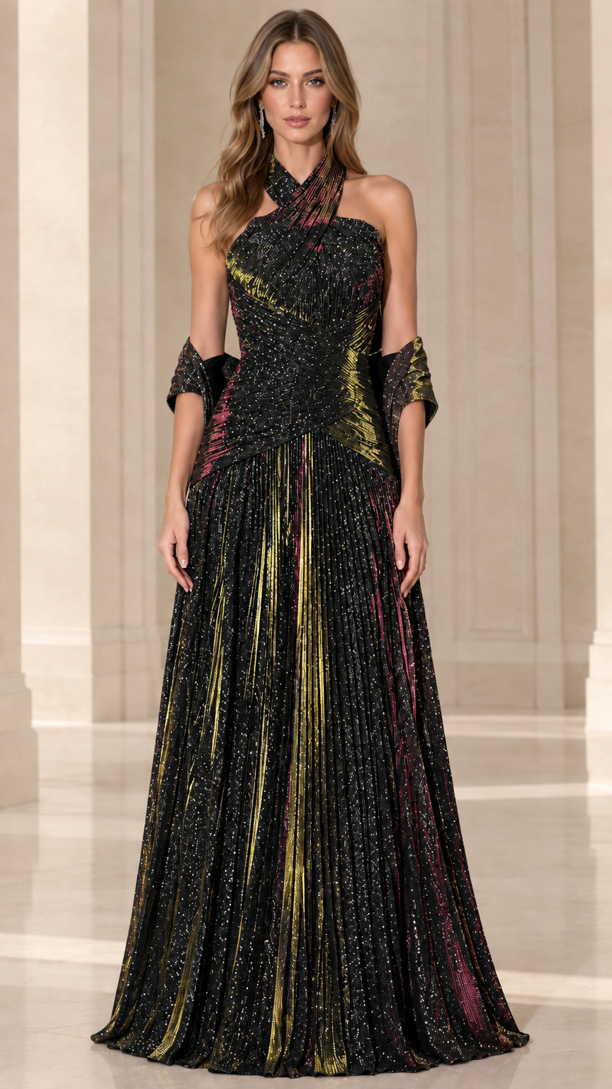Black gold metallic pleated cross halter evening gown with matching shawl