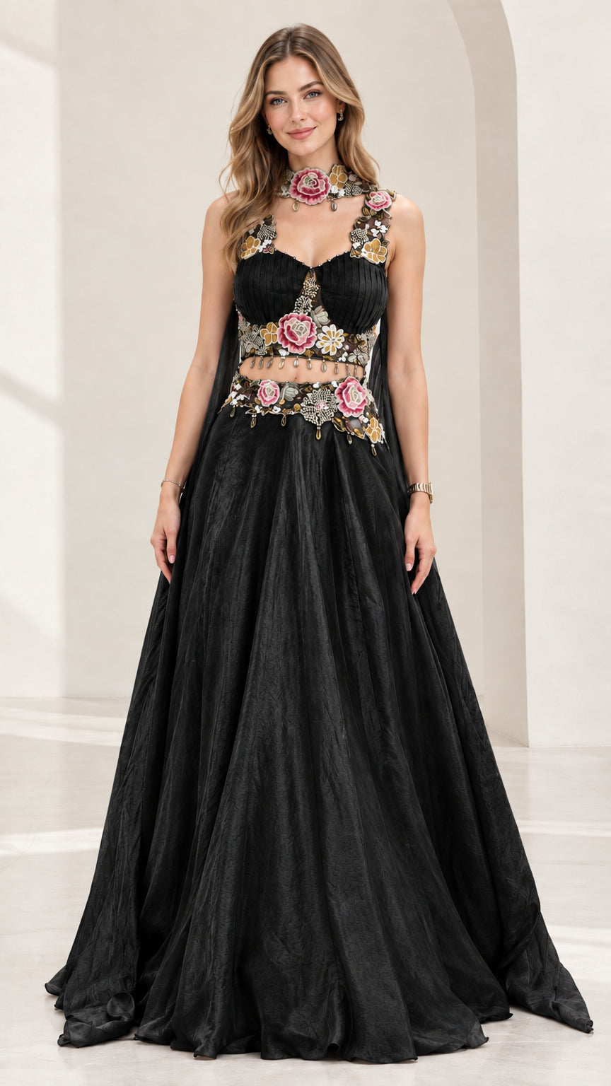 Black two-piece formal evening dress set with colorful floral embroidery