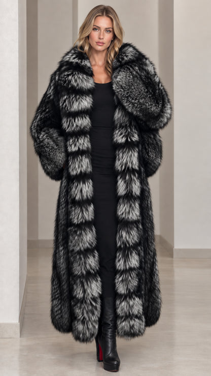Full-length black and charcoal tipped faux fur maxi coat
