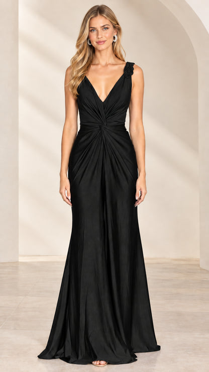 Model wearing Black sleeveless V-neck ruched satin evening gown
