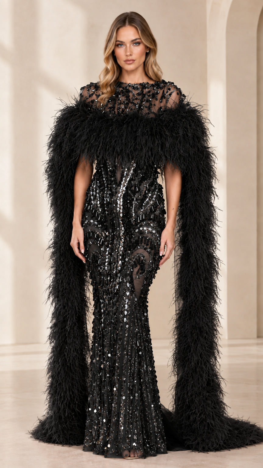 Full-length view of black beaded mermaid gown with black feather cape