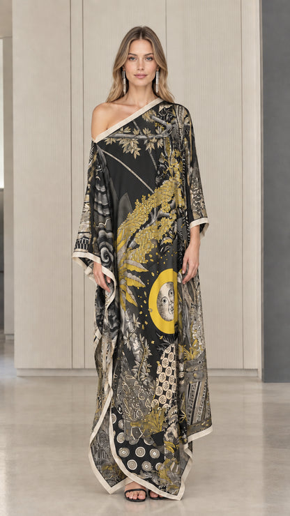 Black one-shoulder printed resort kaftan maxi dress