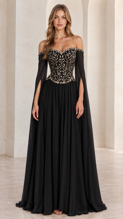Black off-the-shoulder embroidered corset evening dress with split cape sleeves