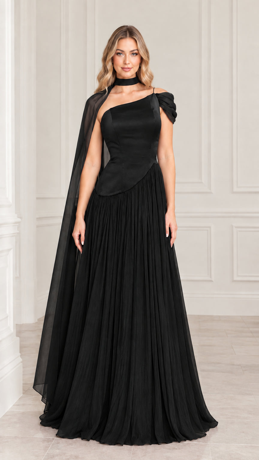 Black asymmetrical bodice pleated cape evening gown