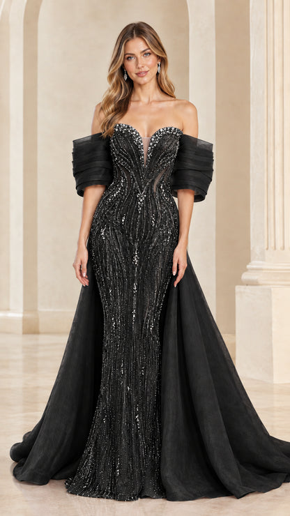 Black crystal-embellished mermaid evening gown with off-the-shoulder sleeves and train