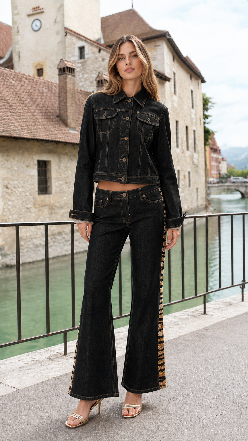 Model wearing Black cropped denim jacket and matching flare jeans with animal print stripe