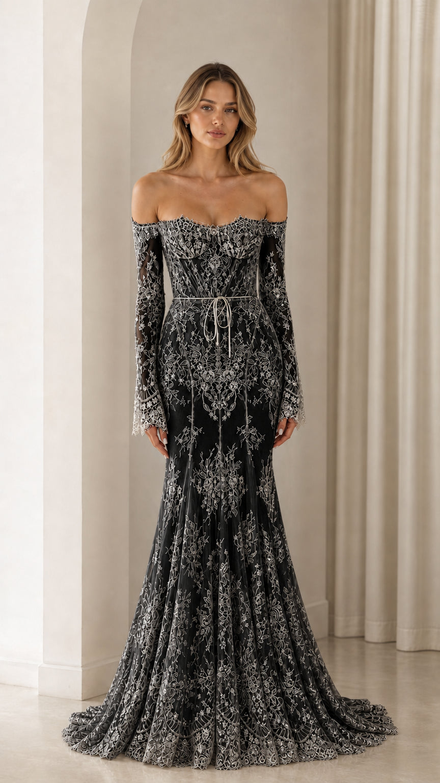 Full-length view of Black off-the-shoulder long sleeve lace evening dress