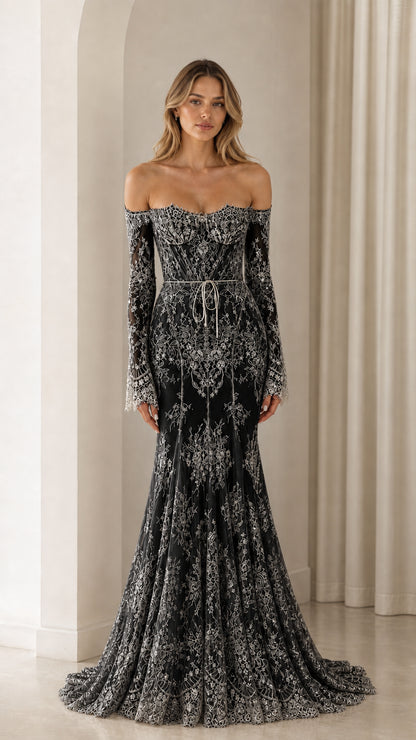 Full-length view of Black off-the-shoulder long sleeve lace evening dress