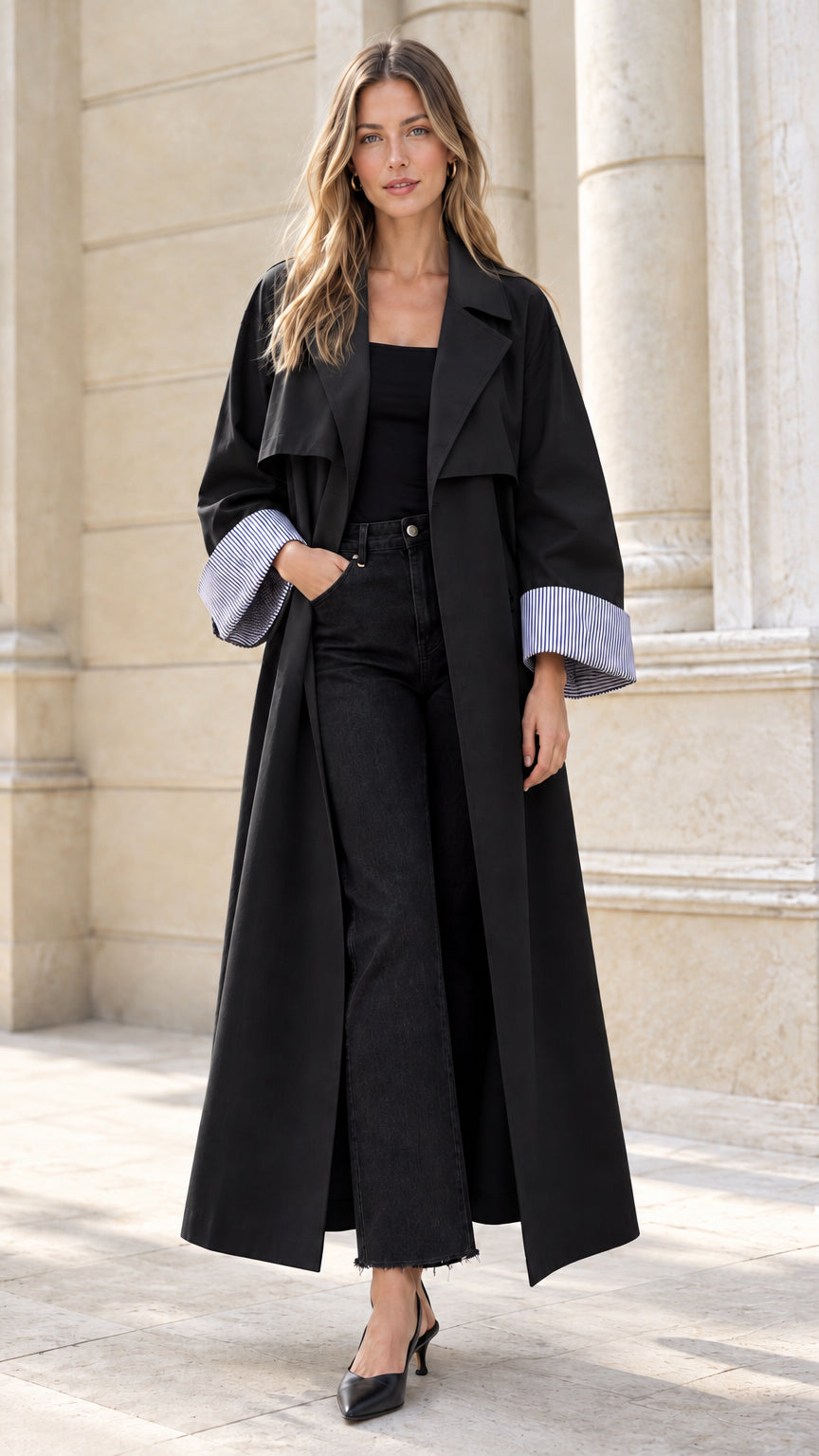 Model wearing black maxi trench coat with pinstripe cuff accents