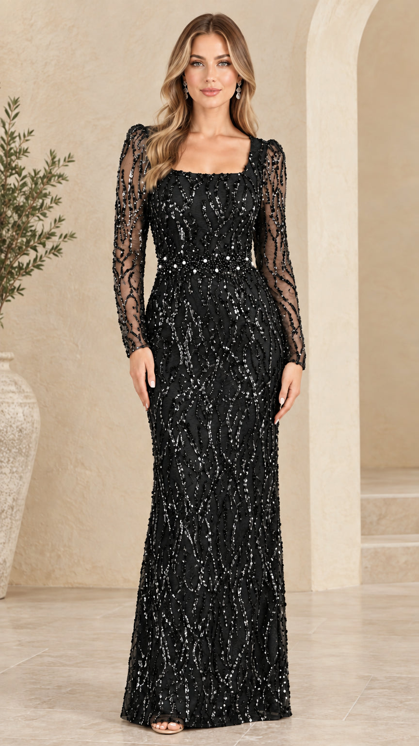 Woman wearing black square neck sequin formal evening gown