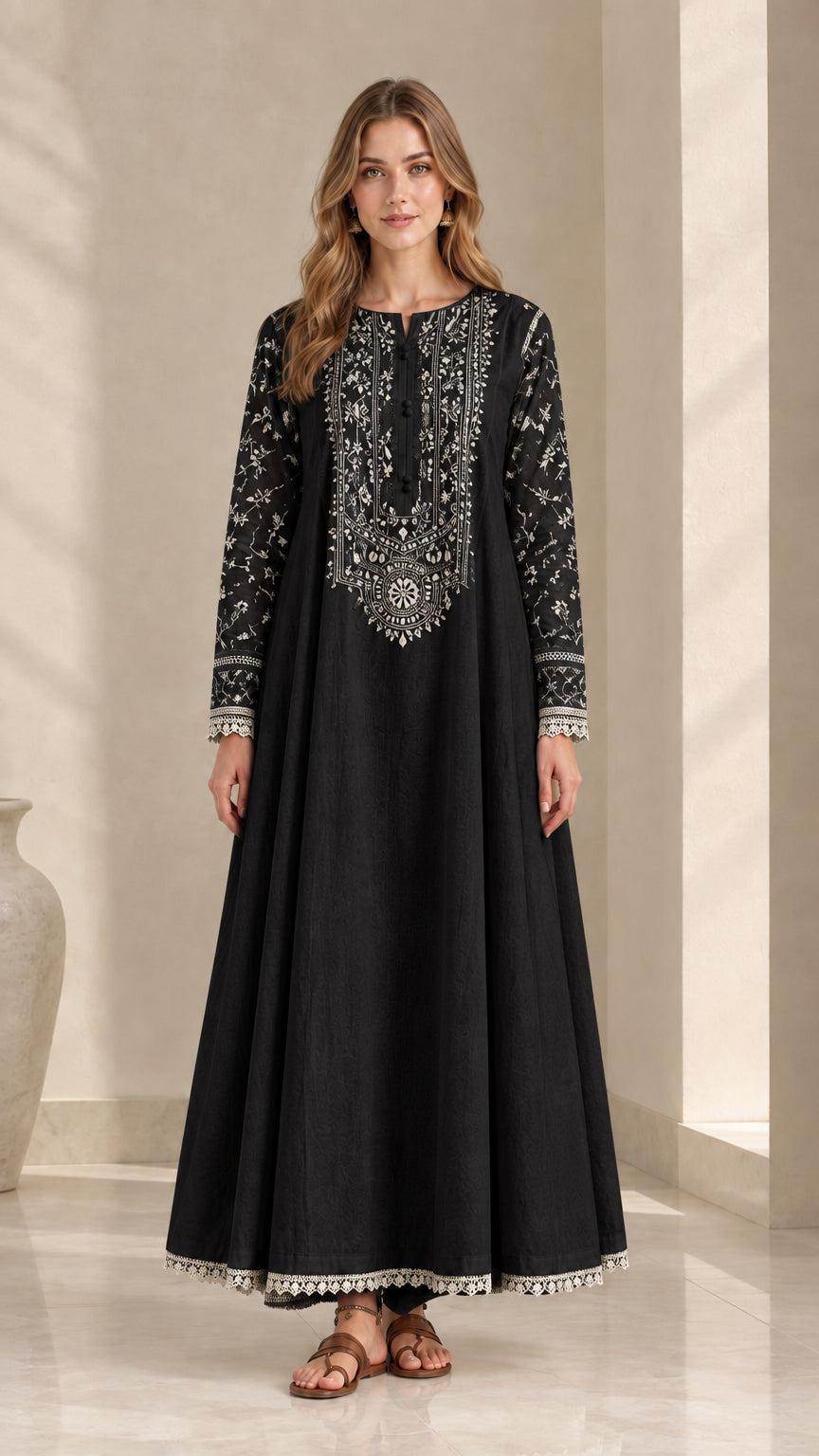 Black embroidered long sleeve maxi dress front view