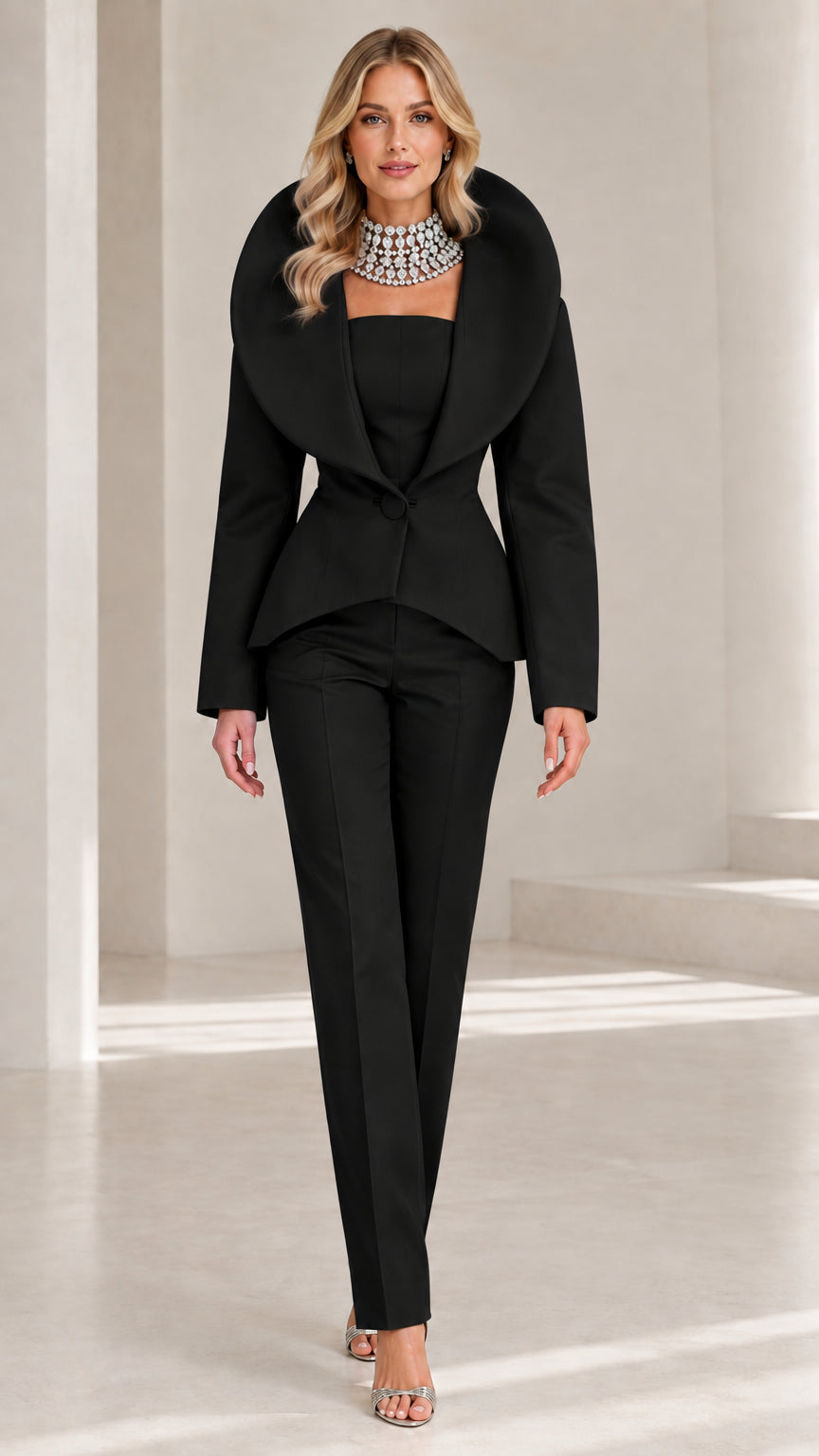 Front view of model wearing classic Black dramatic shawl collar pant suit