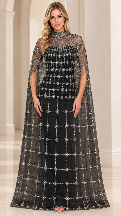 Black floor-length evening gown with glittering embellished cape overlay