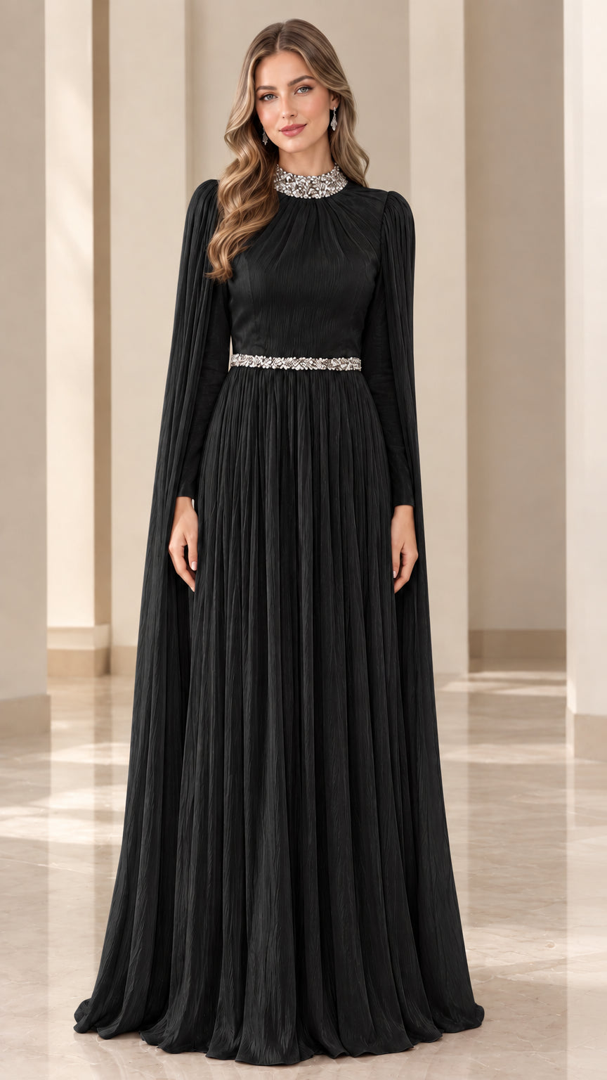 Front view of black pleated maxi evening gown with crystal-embellished collar and waist