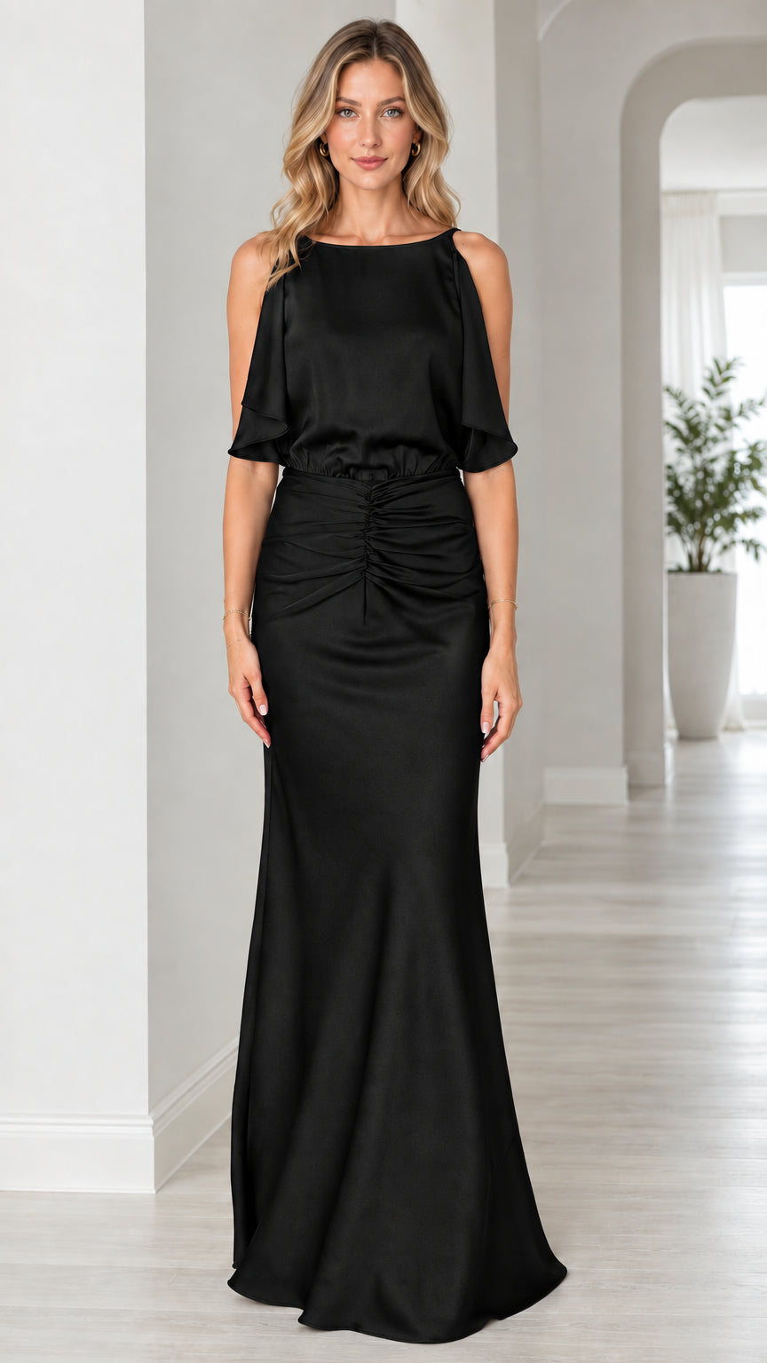 Front view of model wearing black backless ruched satin maxi dress